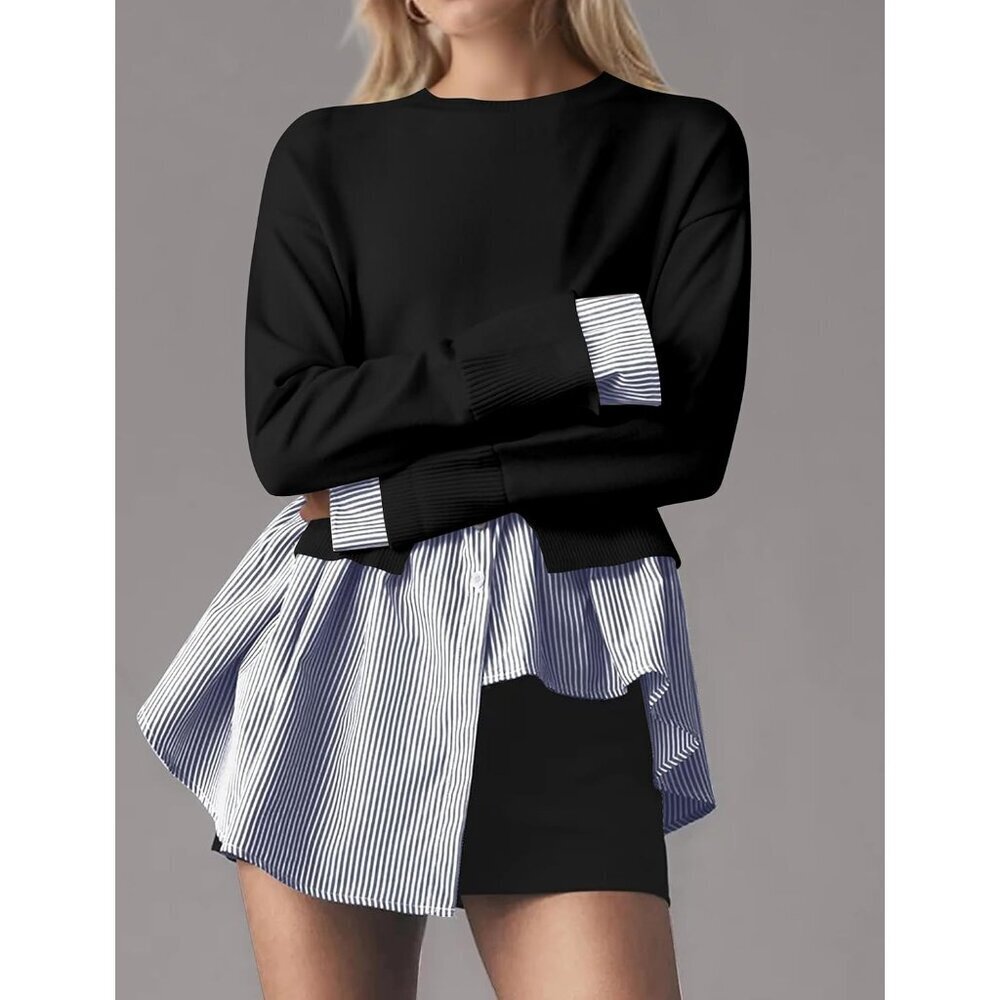 Womens Sweater Patchwork 2-in-1 Asymmetrical Hem Crew Neck Knit Top - Picture 5 of 5